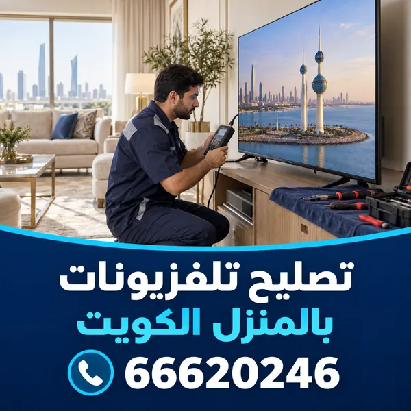 فني تصليح تلفزيونات يفحص الشاشة بجهاز قياس داخل منزل في الكويت