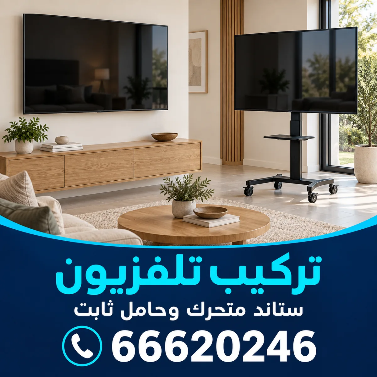 تركيب تلفزيون وشاشات في الكويت — ستاند متحرك بعجلات وحامل جداري ثابت